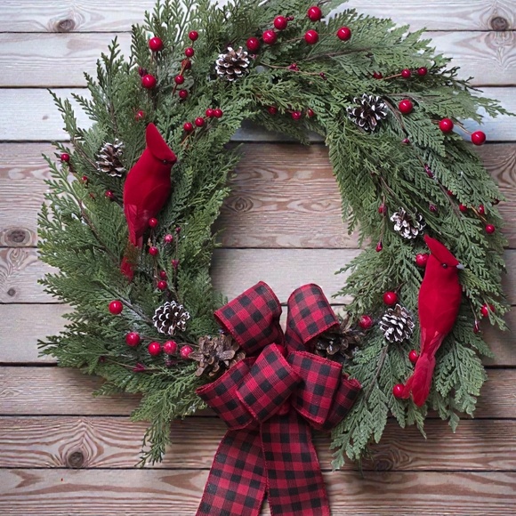 20 Inch Grapevine Holiday Winter Faux Cedar Wreath With Red Cardinals - Picture 5 of 7